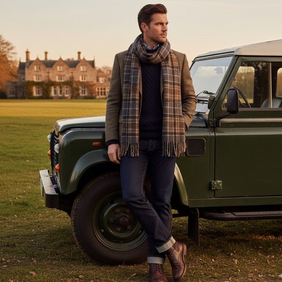 Polo Ralph Lauren Vintage Grey & Brown Plaid Lambswool Blend Reversible Scarf - Picture 1 of 7